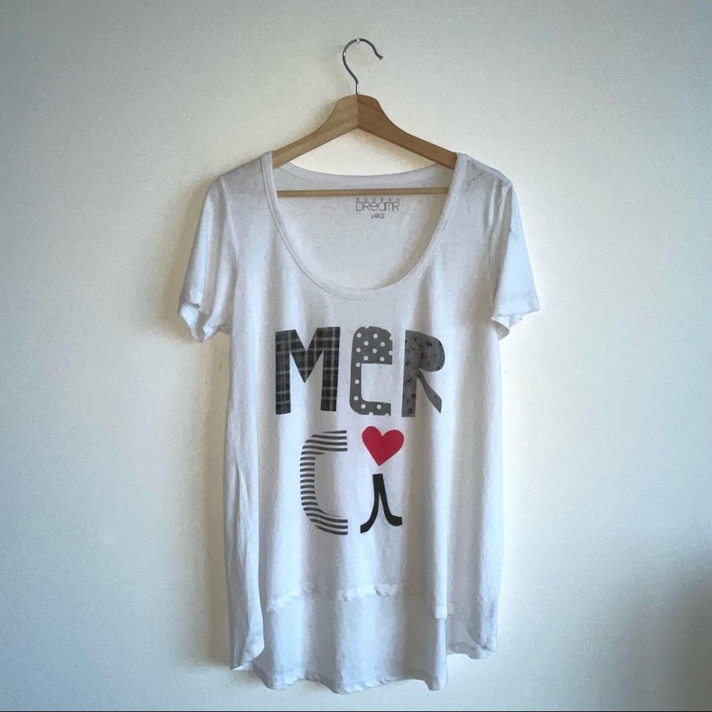 "Merci" White Oversized Scoop neck Women Large  t-shirt with Mullet Hem